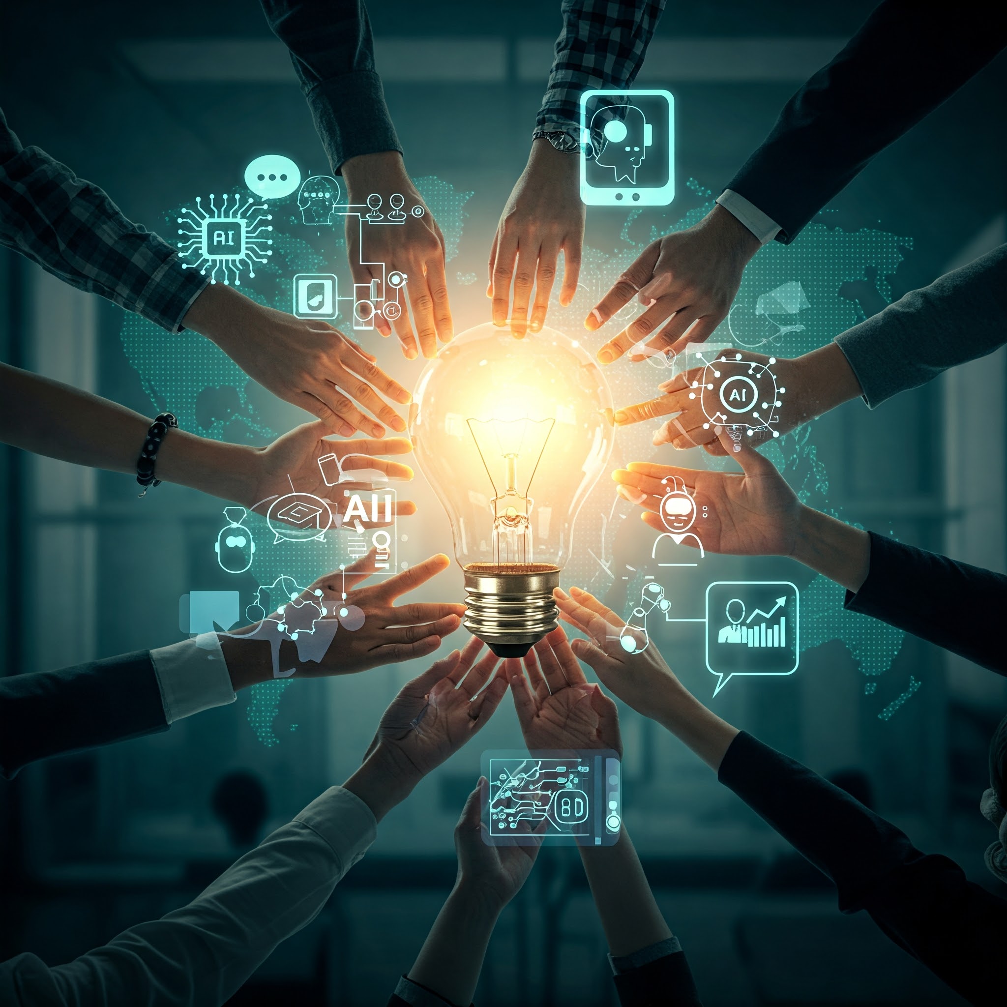 Diverse group collaborating on AI in education